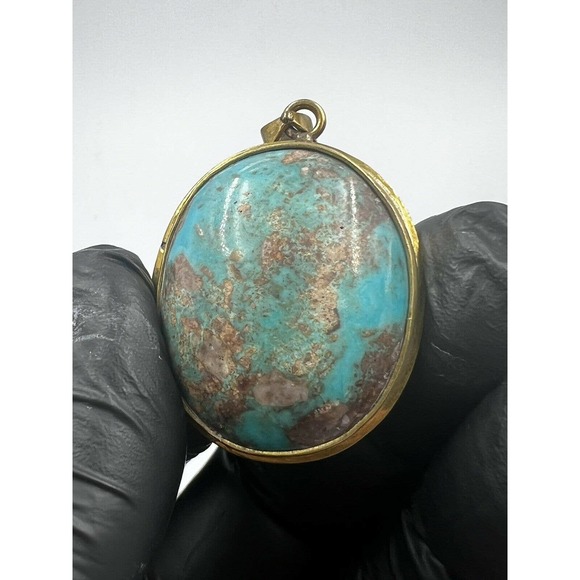 Natural Turquoise Pendant Metal Brass Handmade With Rope - Picture 10 of 11